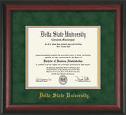 Image of Delta State University Diploma Frame - Rosewood - w/School Name Only - Green Suede on Gold mats