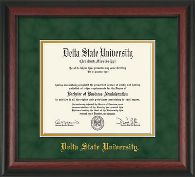Image of Delta State University Diploma Frame - Rosewood - w/School Name Only - Green Suede on Gold mats