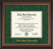 Image of Delta State University Diploma Frame - Rosewood w/Gold Lip - w/School Name Only - Green Suede on Gold mats