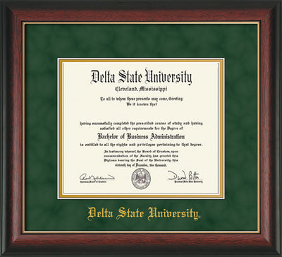 Image of Delta State University Diploma Frame - Rosewood w/Gold Lip - w/School Name Only - Green Suede on Gold mats