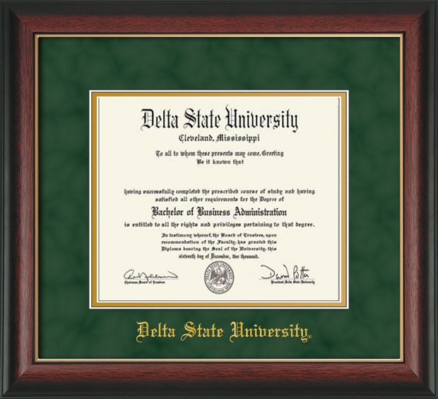 Image of Delta State University Diploma Frame - Rosewood w/Gold Lip - w/School Name Only - Green Suede on Gold mats