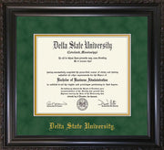 Image of Delta State University Diploma Frame - Vintage Black Scoop - w/School Name Only - Green Suede on Gold mats