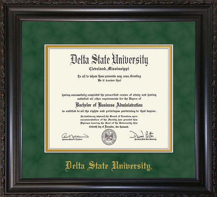 Image of Delta State University Diploma Frame - Vintage Black Scoop - w/School Name Only - Green Suede on Gold mats