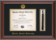 Image of Florida Atlantic University Diploma Frame - Cherry Lacquer - w/Embossed FAU Seal & Name - Tassel Holder - Black on Gold mat