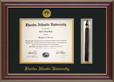 Image of Florida Atlantic University Diploma Frame - Cherry Lacquer - w/Embossed FAU Seal & Name - Tassel Holder - Black on Gold mat