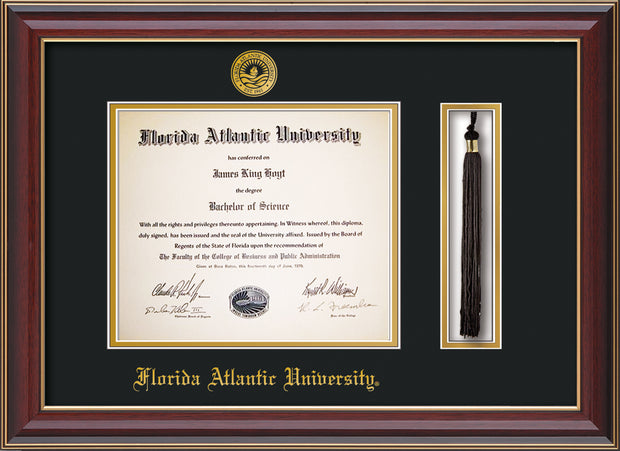 Image of Florida Atlantic University Diploma Frame - Cherry Lacquer - w/Embossed FAU Seal & Name - Tassel Holder - Black on Gold mat