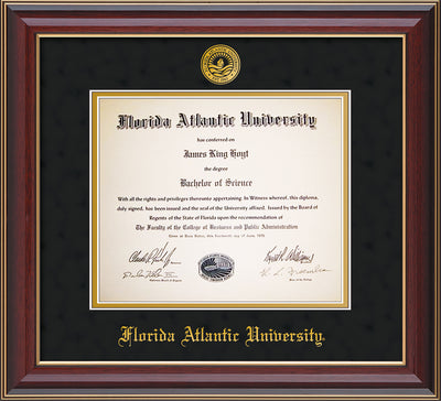 Image of Florida Atlantic University Diploma Frame - Cherry Lacquer - w/Embossed FAU Seal & Name - Black Suede on Gold mat