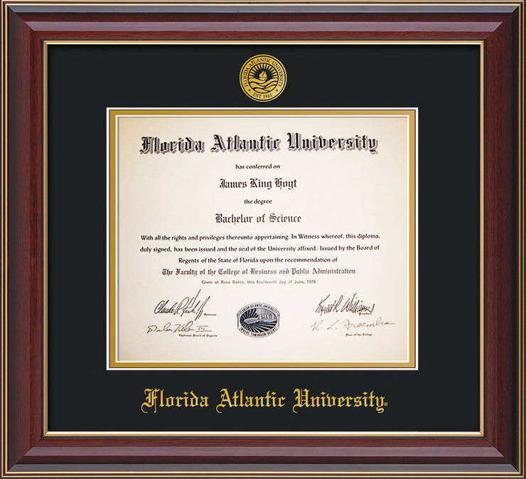 Image of Florida Atlantic University Diploma Frame - Cherry Lacquer - w/Embossed FAU Seal & Name - Black on Gold mat