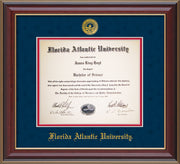 Image of Florida Atlantic University Diploma Frame - Cherry Lacquer - w/Embossed FAU Seal & Name - Navy Suede on Red mat