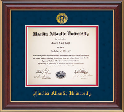 Image of Florida Atlantic University Diploma Frame - Cherry Lacquer - w/Embossed FAU Seal & Name - Navy Suede on Red mat
