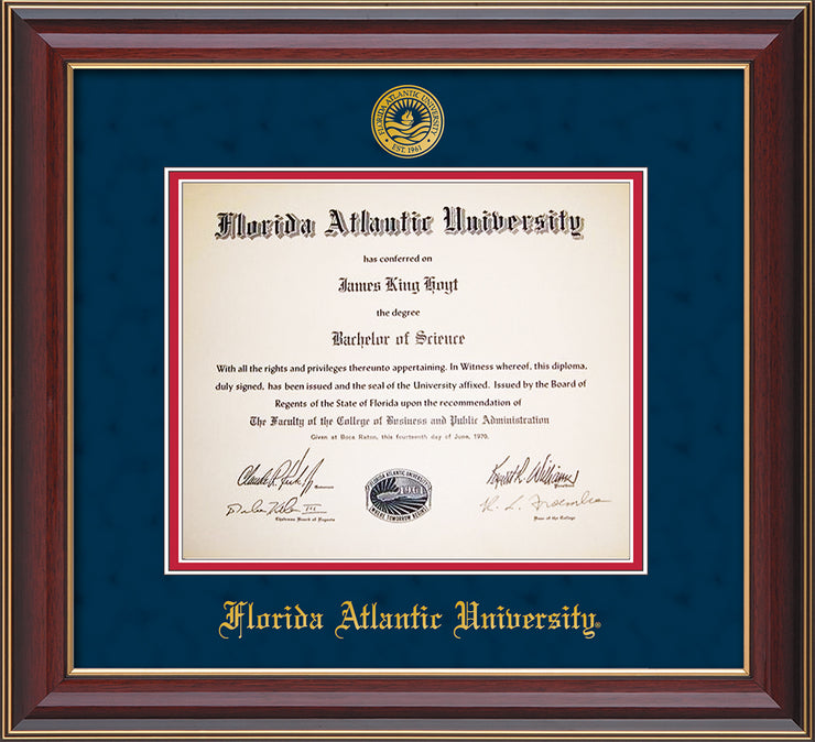 Image of Florida Atlantic University Diploma Frame - Cherry Lacquer - w/Embossed FAU Seal & Name - Navy Suede on Red mat
