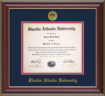 Image of Florida Atlantic University Diploma Frame - Cherry Lacquer - w/Embossed FAU Seal & Name - Navy on Red mat