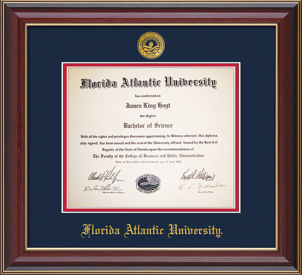 Image of Florida Atlantic University Diploma Frame - Cherry Lacquer - w/Embossed FAU Seal & Name - Navy on Red mat