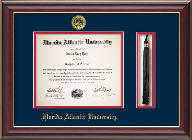 Image of Florida Atlantic University Diploma Frame - Cherry Lacquer - w/Embossed FAU Seal & Name - Tassel Holder - Navy on Red mat