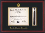 Image of Florida Atlantic University Diploma Frame - Cherry Reverse - w/Embossed FAU Seal & Name - Tassel Holder - Black on Gold mat