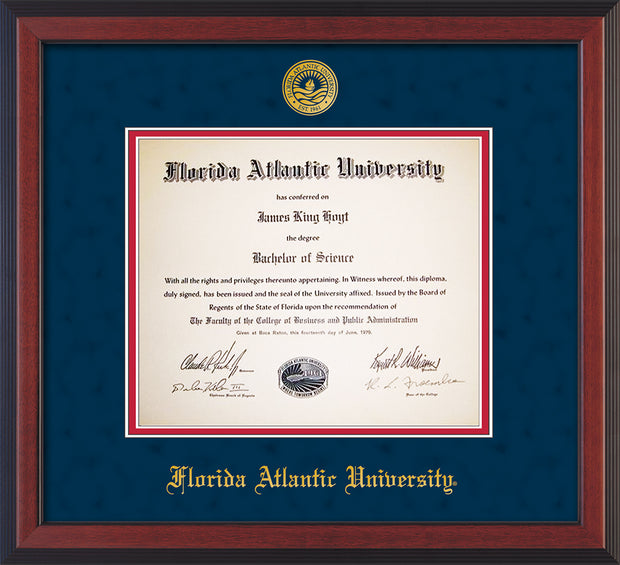 Image of Florida Atlantic University Diploma Frame - Cherry Reverse - w/Embossed FAU Seal & Name - Navy Suede on Red mat