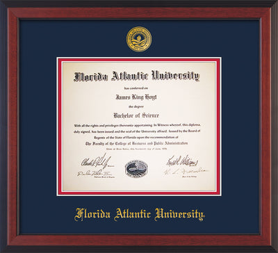 Image of Florida Atlantic University Diploma Frame - Cherry Reverse - w/Embossed FAU Seal & Name - Navy on Red mat