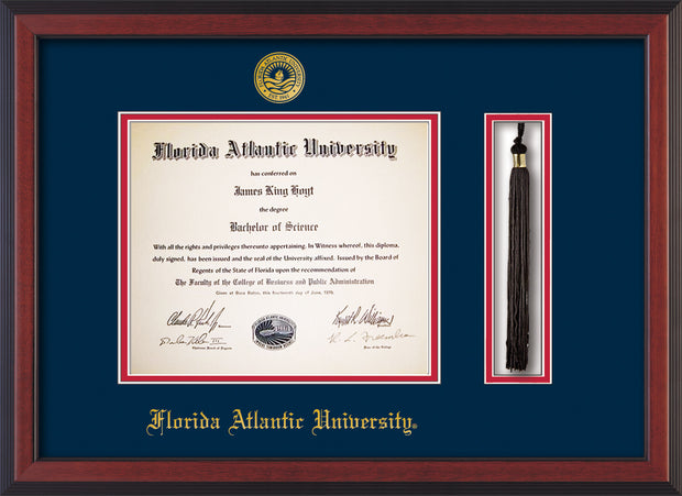Image of Florida Atlantic University Diploma Frame - Cherry Reverse - w/Embossed FAU Seal & Name - Tassel Holder - Navy on Red mat