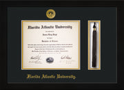 Image of Florida Atlantic University Diploma Frame - Flat Matte Black - w/Embossed FAU Seal & Name - Tassel Holder - Black on Gold mat