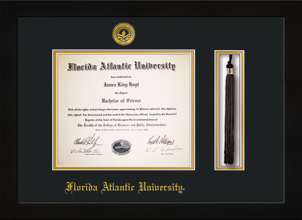 Image of Florida Atlantic University Diploma Frame - Flat Matte Black - w/Embossed FAU Seal & Name - Tassel Holder - Black on Gold mat