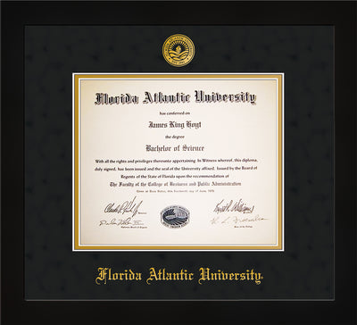 Image of Florida Atlantic University Diploma Frame - Flat Matte Black - w/Embossed FAU Seal & Name - Black Suede on Gold mat
