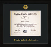 Image of Florida Atlantic University Diploma Frame - Flat Matte Black - w/Embossed FAU Seal & Name - Black on Gold mat