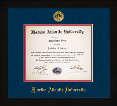 Image of Florida Atlantic University Diploma Frame - Flat Matte Black - w/Embossed FAU Seal & Name - Navy Suede on Red mat