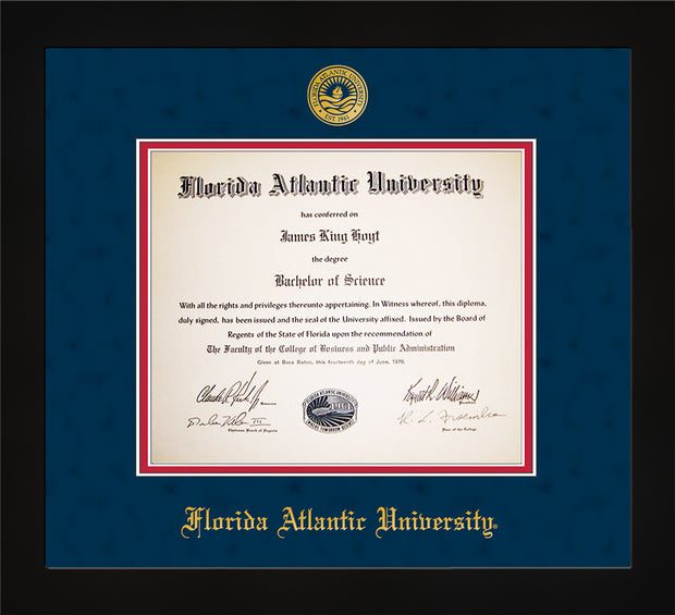 Image of Florida Atlantic University Diploma Frame - Flat Matte Black - w/Embossed FAU Seal & Name - Navy Suede on Red mat