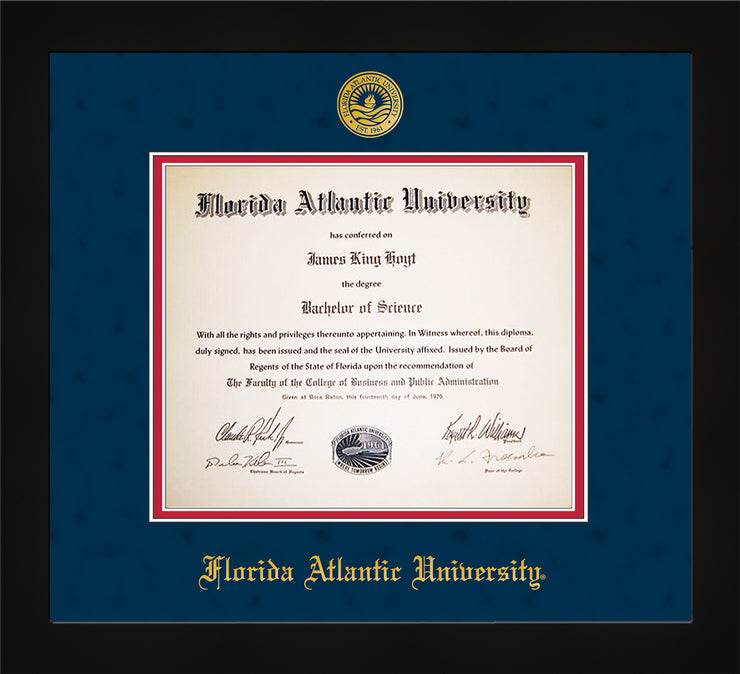 Image of Florida Atlantic University Diploma Frame - Flat Matte Black - w/Embossed FAU Seal & Name - Navy Suede on Red mat