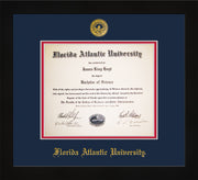 Image of Florida Atlantic University Diploma Frame - Flat Matte Black - w/Embossed FAU Seal & Name - Navy on Red mat