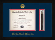 Image of Florida Atlantic University Diploma Frame - Flat Matte Black - w/Embossed FAU Seal & Name - Tassel Holder - Navy on Red mat