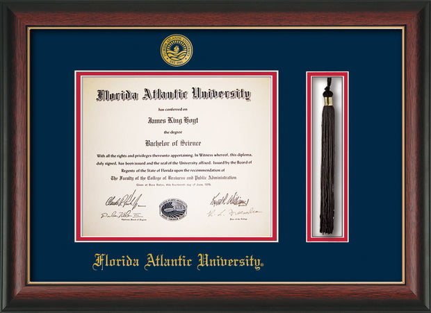 Image of Florida Atlantic University Diploma Frame - Rosewood w/Gold Lip - w/Embossed FAU Seal & Name - Tassel Holder - Navy on Red mat
