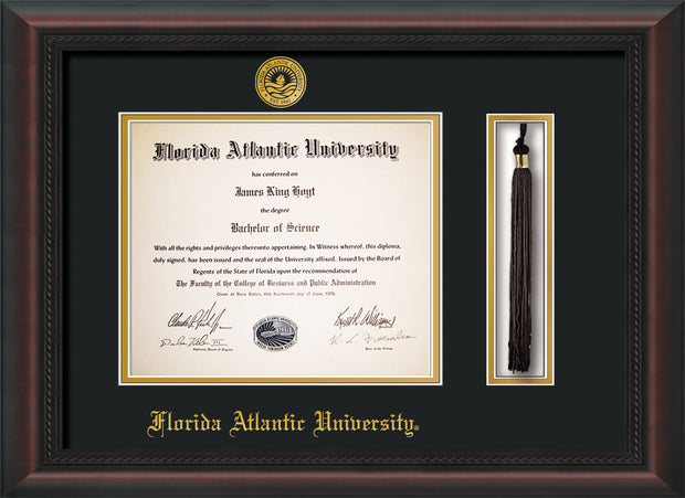 Image of Florida Atlantic University Diploma Frame - Mahogany Braid - w/Embossed FAU Seal & Name - Tassel Holder - Black on Gold mat