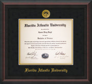 Image of Florida Atlantic University Diploma Frame - Mahogany Braid - w/Embossed FAU Seal & Name - Black Suede on Gold mat