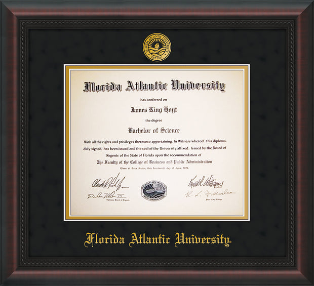 Image of Florida Atlantic University Diploma Frame - Mahogany Braid - w/Embossed FAU Seal & Name - Black Suede on Gold mat