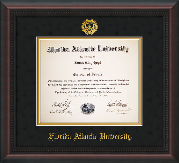 Image of Florida Atlantic University Diploma Frame - Mahogany Braid - w/Embossed FAU Seal & Name - Black Suede on Gold mat