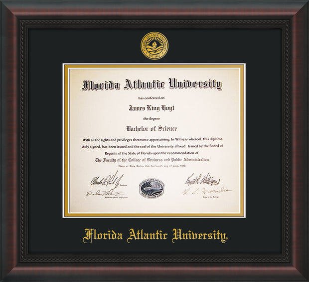 Image of Florida Atlantic University Diploma Frame - Mahogany Braid - w/Embossed FAU Seal & Name - Black on Gold mat