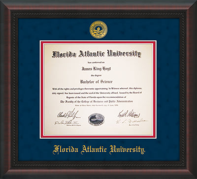 Image of Florida Atlantic University Diploma Frame - Mahogany Braid - w/Embossed FAU Seal & Name - Navy Suede on Red mat