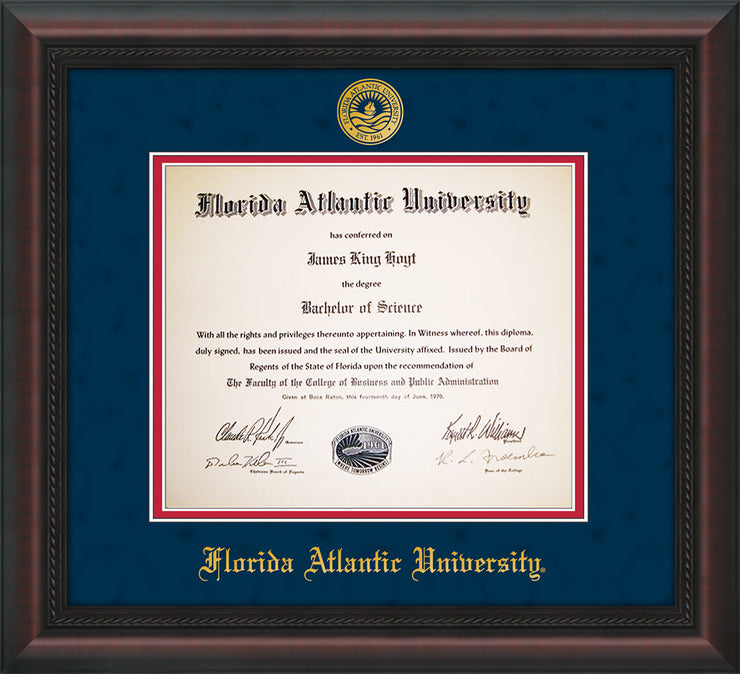 Image of Florida Atlantic University Diploma Frame - Mahogany Braid - w/Embossed FAU Seal & Name - Navy Suede on Red mat