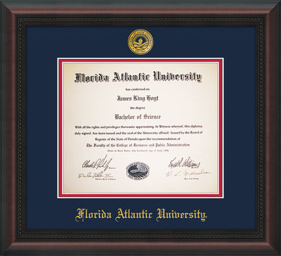 Image of Florida Atlantic University Diploma Frame - Mahogany Braid - w/Embossed FAU Seal & Name - Navy on Red mat