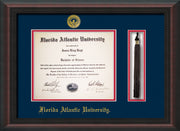 Image of Florida Atlantic University Diploma Frame - Mahogany Braid - w/Embossed FAU Seal & Name - Tassel Holder - Navy on Red mat