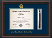 Image of Florida Atlantic University Diploma Frame - Mahogany Braid - w/Embossed FAU Seal & Name - Tassel Holder - Navy on Red mat