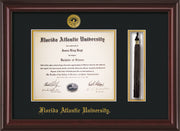 Image of Florida Atlantic University Diploma Frame - Mahogany Lacquer - w/Embossed FAU Seal & Name - Tassel Holder - Black on Gold mat