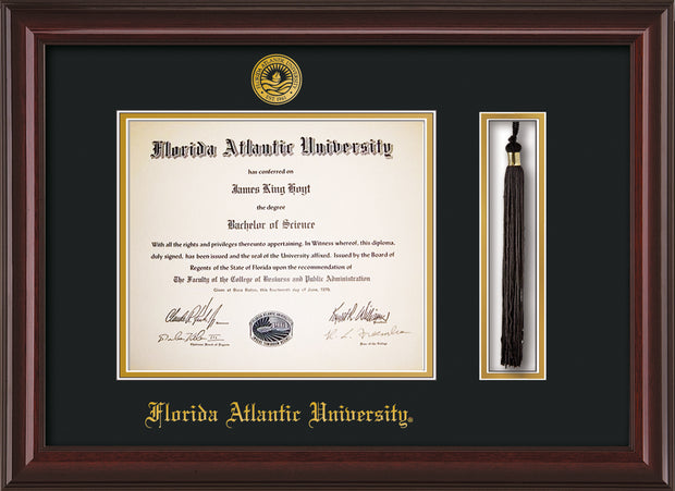 Image of Florida Atlantic University Diploma Frame - Mahogany Lacquer - w/Embossed FAU Seal & Name - Tassel Holder - Black on Gold mat