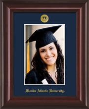 Image of Florida Atlantic University 5 x 7 Photo Frame - Mahogany Lacquer - w/Official Embossing of FAU Seal & Name - Single Navy mat