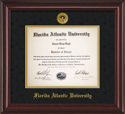 Image of Florida Atlantic University Diploma Frame - Mahogany Lacquer - w/Embossed FAU Seal & Name - Black Suede on Gold mat