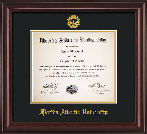 Image of Florida Atlantic University Diploma Frame - Mahogany Lacquer - w/Embossed FAU Seal & Name - Black on Gold mat
