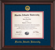 Image of Florida Atlantic University Diploma Frame - Mahogany Lacquer - w/Embossed FAU Seal & Name - Navy Suede on Red mat