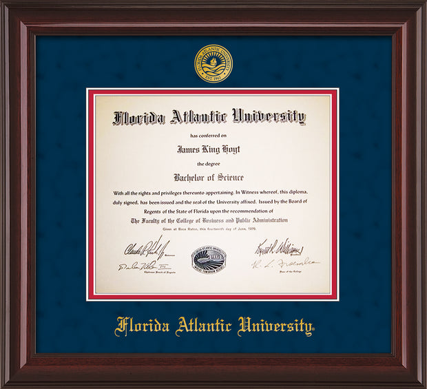 Image of Florida Atlantic University Diploma Frame - Mahogany Lacquer - w/Embossed FAU Seal & Name - Navy Suede on Red mat