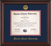Image of Florida Atlantic University Diploma Frame - Mahogany Lacquer - w/Embossed FAU Seal & Name - Navy on Red mat